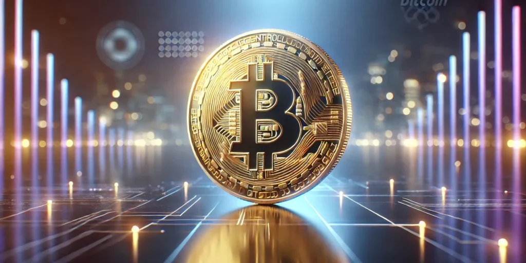 DALLE 2025-01-07 022328 - A hyper-realistic image of a golden Bitcoin coin standing upright on a modern reflective surface The background features a blurred high-tech citysc #image_title